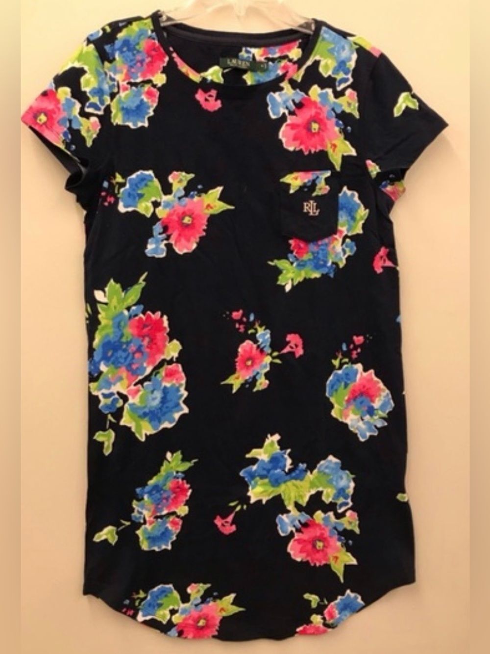 Lauren Ralph Lauren M Navy Multi Floral Cotton Crew Short Sleeve Pocket Tee